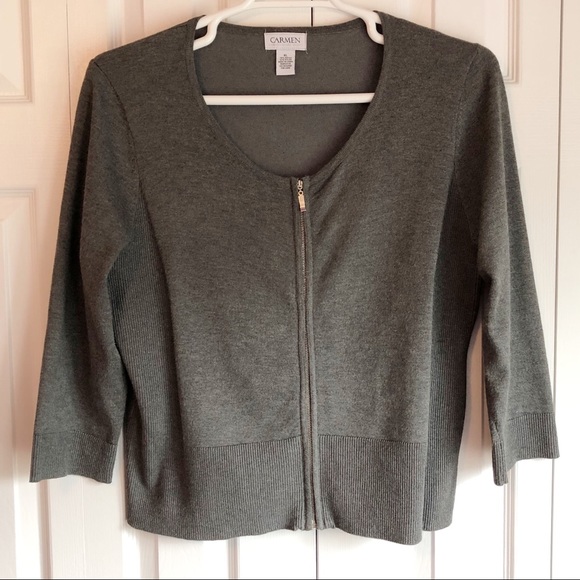 Carmen Marc Valvo Gray Full Zip Sweater Cardigan XL - Picture 2 of 13